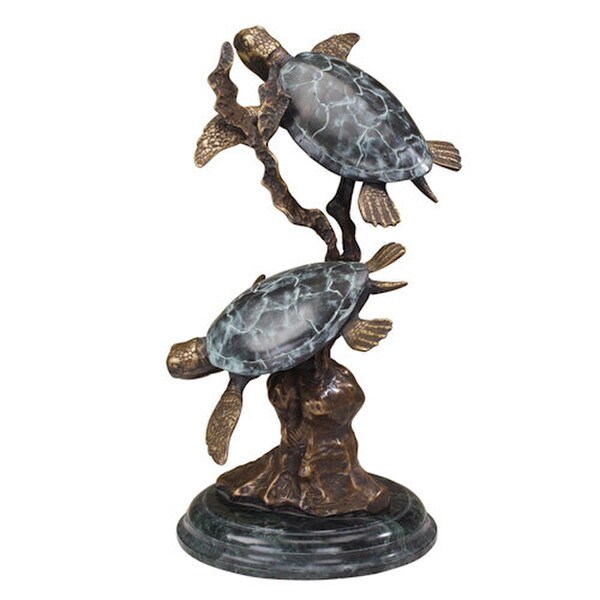 Sea Turtle Duet Brass Statue on Marble Base Unique Sealife Sculptures